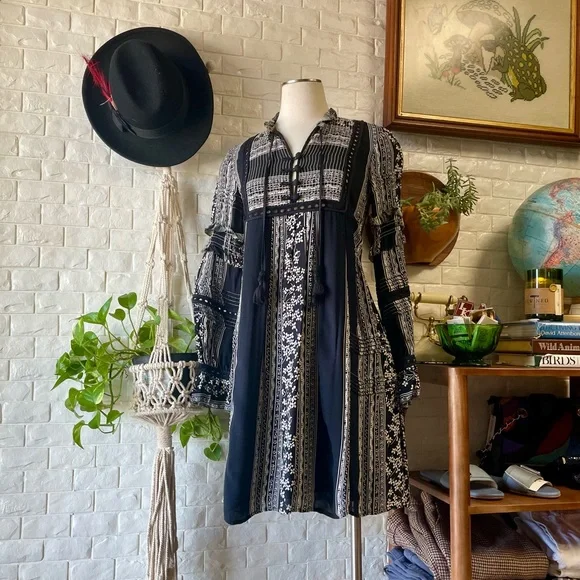 Sea New York Keely Tie-Neck Long-Sleeve Peasant Mini Tunic Dress Black Boho - Picture 2 of 15